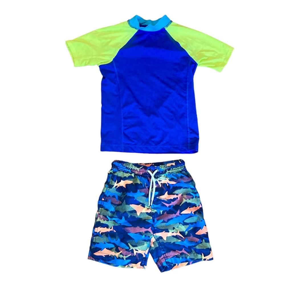 Lands End Boys XS 4-5 Swimsuit Top Bottoms Set Blue Yellow Sharks